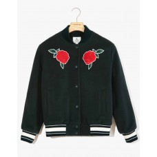 Green Rose Embroidered Varsity Jacket